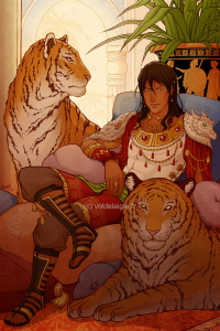 roi greco-byzantin avec ses tigres dans un décor grec