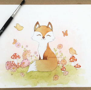 renard mignon pour petite fille, aquarelle