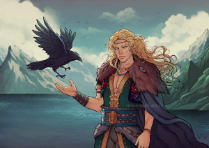 homme blond type viking et corbeau avec paysage montagneux